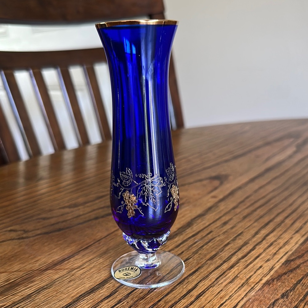 Bohemia Czechoslovakia hand made Royal Blue Vase with Gold Accents